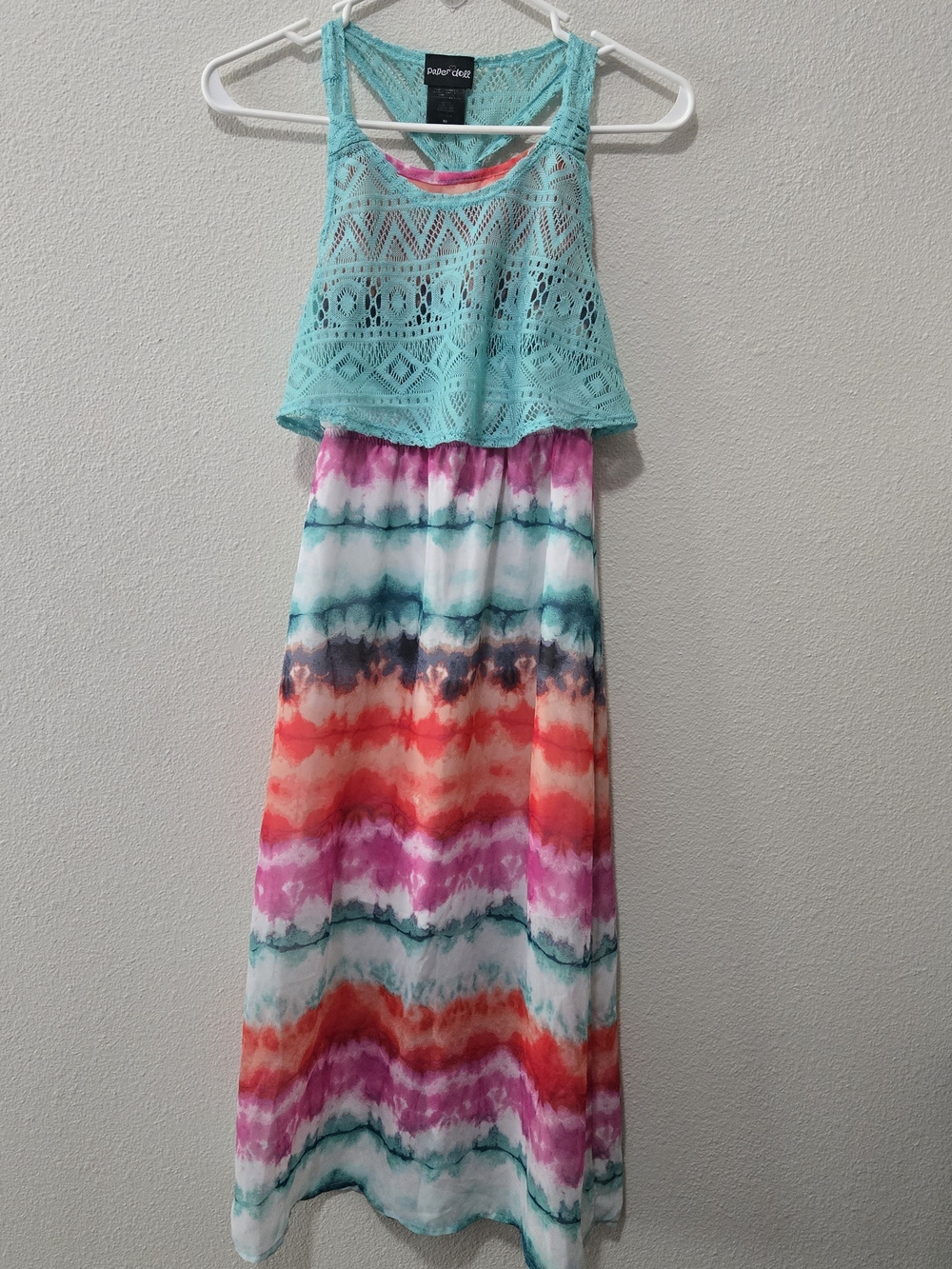 Pixie Girl Girls' Aqua Crochet & Multi-Color Tie-Dye Maxi Dress